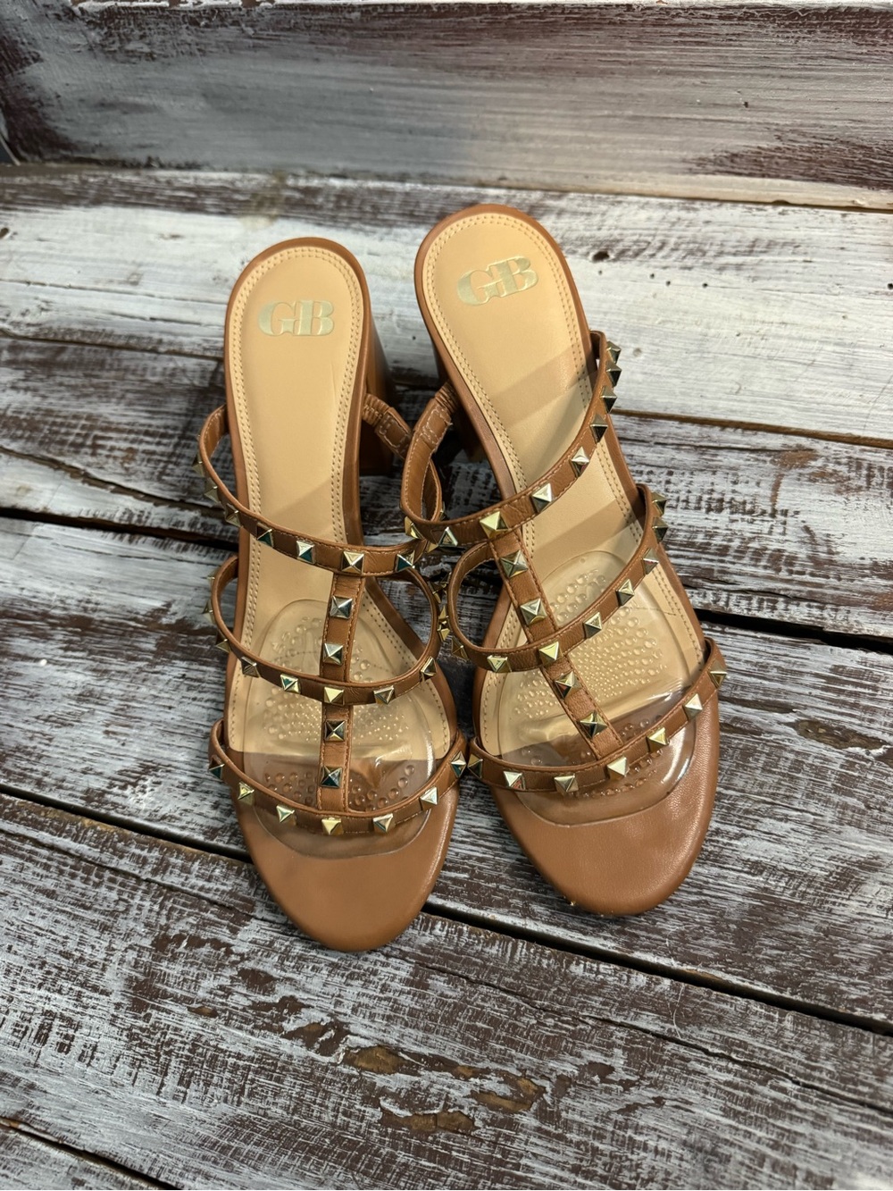 Gianni Bini Tan Pyramid-Stud Strappy Slide Mules